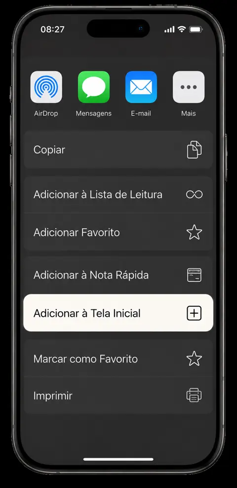 Menu do navegador com a opção Adicionar à Tela Inicial